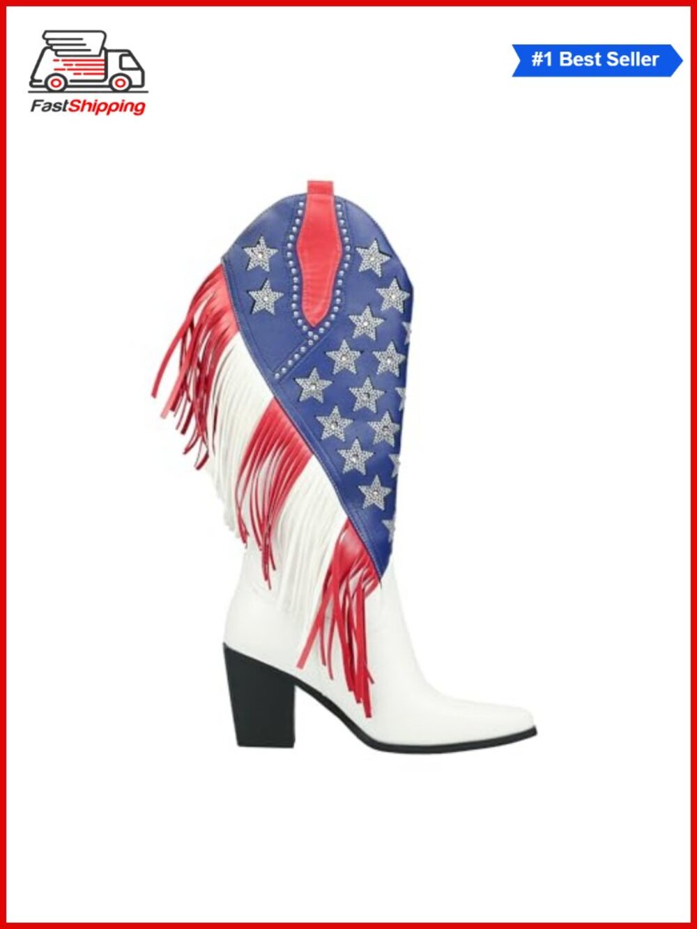 ✨ Faux Leather Western Boots Fringe Rhinestone Mid-Calf Chunky Heel Festival